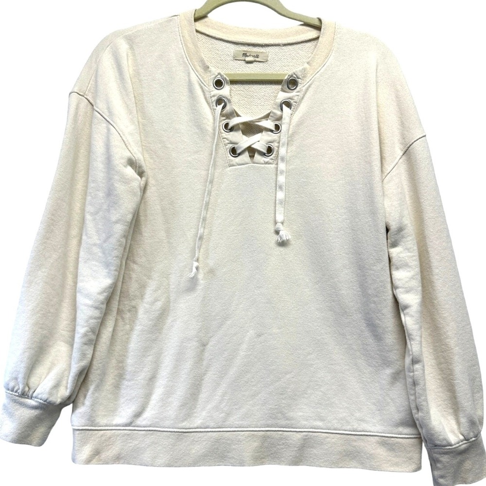 Madewell Womens Lace Up V-Neck Sweatshirt Cream Cotton Hemp Pullover Small‎